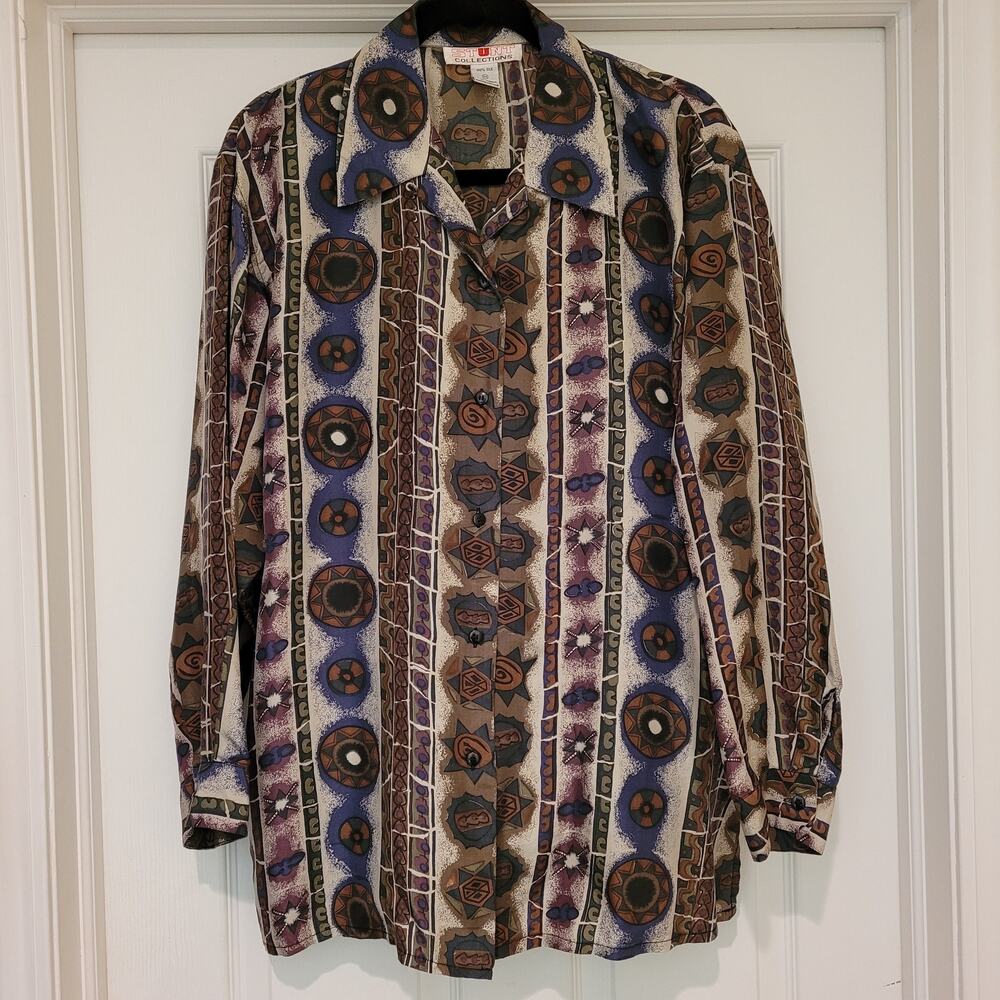 Women's Vintage Silk Stunt Collections Earthtone Abstract Geometric Shirt Medium